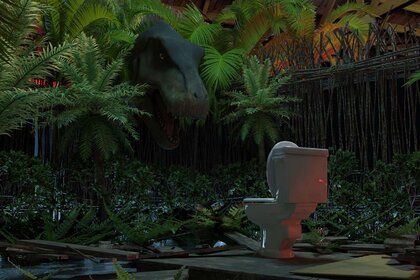 A T-Rex peaking out of trees and facing a toilet