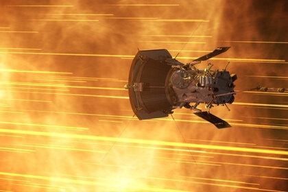 A conceptual image of the Parker Solar Probe in a stream of solar particles