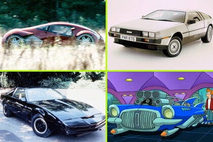 Composite image of the Lexus from "Minority Report", The Delorean from "Back To The Future", KITT from Knight Rider, and The Ford ThunderCougarFalconBird from Futurama.