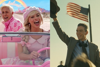 A split screen image of Ryan Gosling and Margot Robbie in Barbie (2023); and Cillian Murphy in Oppenheimer (2023)