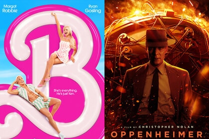 A split screen image featuring the posters for Barbie (2023) and Oppenheimer (2023)