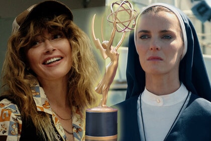 A composite image of an Emmy award in the middle of Natasha Lyonne in Poker Face and Betty Gilpin in Mrs. Davisa