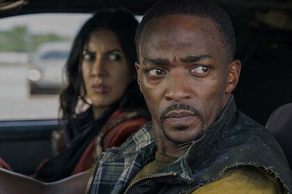 A shot from Twisted Metal featuring Anthony Mackie and Stephanie Beatriz