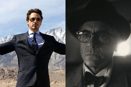 A split screen image featuring Robert Downey Jr in Iron Man (2008) and in Oppenheimer (2023)