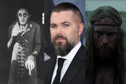 A split screen image featuring Max Schreck as Count Orlock in Nosferatu (1922); director Robert Eggers; and Alexander Skarsgård in The Northman (2022)