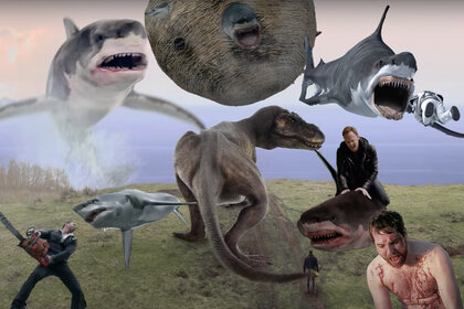 A collage featuring images from all the Sharknado movies including a ball of shark, a shark attacking a T-Rex, a shark attacking an astronaut, a man with a chainsaw attacking a shark, a man riding a shark, and a bloodied man in distress.
