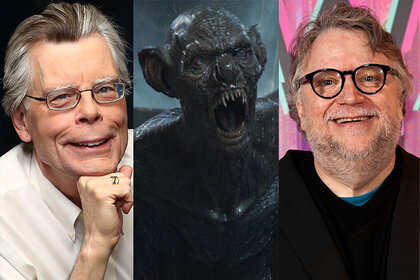 A split screen image featuring Author Stephen King, Javier Botet as Nosferatu in The Last Voyage of the Demeter (2023), and director Guillermo del Toro