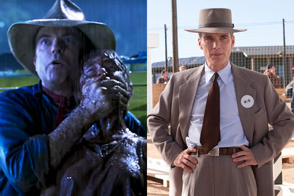 A split screen image featuring Sam Neill and Ariana Richards in Jurassic Park (1996) and Cillian Murphy in Oppenheimer (2023)