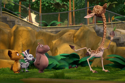 (from left) Baby Alex, Marty, and Gloria watch on as Baby Melman struts.