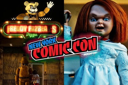 A combo photo of (from left) Golden Freddy and Abby (Piper Rubio) in Five Nights at Freddy's (2023); The New York Comic Con Logo; and Chucky in Chucky 208