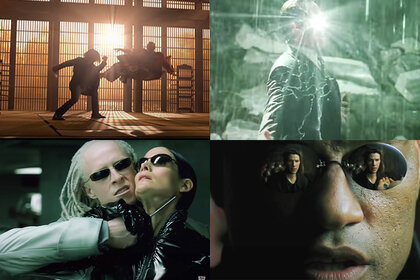 A collage featuring (L-R, T-B) The Matrix Resurrections (2021), The Matrix Revolutions (2003), The Matrix Reloaded (2003); The Matrix (1999)