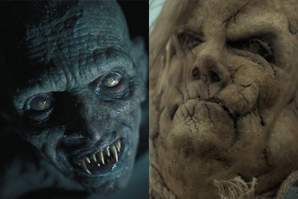 A split featuring frightening faces like Javier Botet as Nosferatu in The Last Voyage of the Demeter (2023) and the scarecrow in Scary Stories to Tell in the Dark (2019)