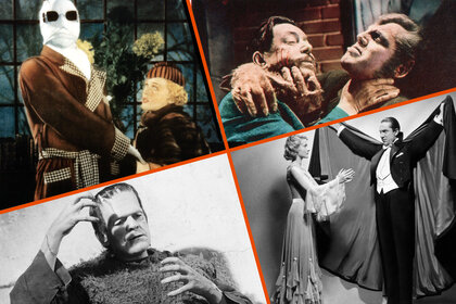 A collage featuring Universal Monsters from the films The Invisible Man (1933), Werewolf of London (1935),  Son of Frankenstein (1939); and Dracula (1931).