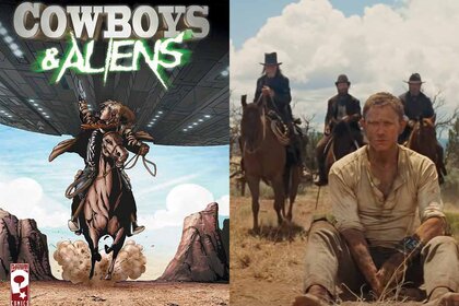 (L-R) The cover of comic Cowboys & Aliens; Daniel Craig sits and is approached by three horsemen in Cowboys & Aliens (2011)