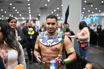 A cosplayer posing as Namor the Submariner attends New York Comic Con 2023 - Day 2 at Javits Center.
