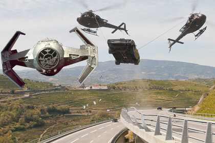 A TIE fighter from Star Wars appears in the air alongside a car and two helicopters from Fast X (2023).