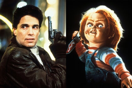 A split featuring Chris Sarandon with gun and Chucky with knife in Child's Play (1988).