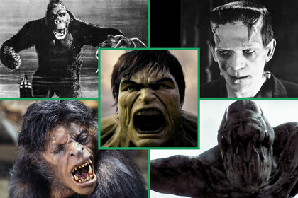 The Incredible Hulk (Lou Ferrigno) from The Incredible Hulk (2008) appears surrounded by (L-R, T-B) King Kong from King Kong (1933), Frankenstein from Frankenstein (1931), the werewolf from An American Werewolf in London (1981), and a monster from Cloverfield (2008).