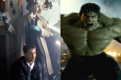 A split featuring Brad Pitt and Morgan Freeman on the set of Se7en (1995) and The Incredible Hulk (Lou Ferrigno) screaming in The Incredible Hulk (2008).