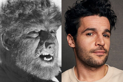 A split featuring Lon Chaney Jr. with full hairy makeup as the Wolfman in The Wolf Man (1941) and Christopher Abbot.