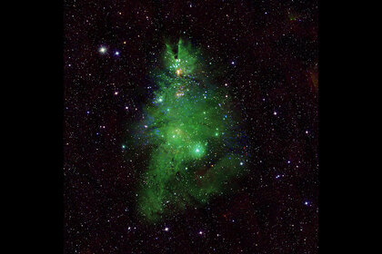 A cluster of stars emitting a green Christmas tree-like glow.