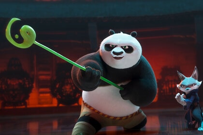 (from left) Po (Jack Black) and Zhen (Awkwafina) in Kung Fu Panda 4