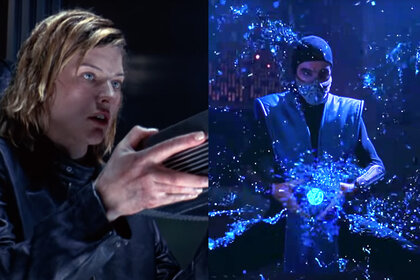 A split featuring Alice (Milla Jovovich) in Resident Evil (2002) and Sub-Zero (François Petit) in Mortal Kombat (1995).