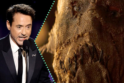 Split of Robert Downey Jr. accepting the Annual Critics Choice Awards for best actor and the Scarecrow from Batman Begins