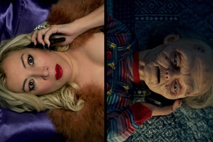 A split image of Tiffany Valentine and Chucky talking on the phone