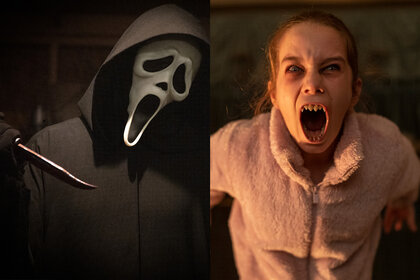 A split featuring Ghostface in Scream (2021) and Abigail (Alisha Weir) in Abigail (2024).