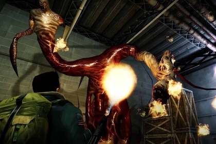 A man attacks a monster with fire in The Thing: Remastered game.