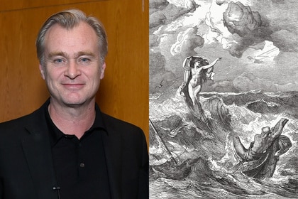 A split featuring Christopher Nolan and a scene from Homer's Odyssey.
