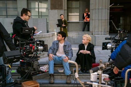 Leigh Whannell directs Christopher Abbott and Julia Garner on the set of Wolf Man (2024).