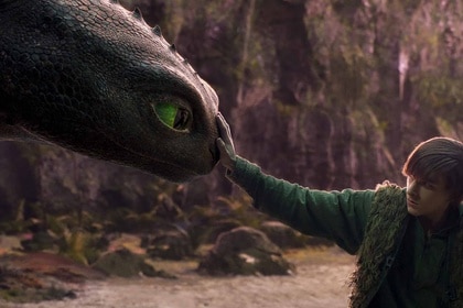 Hiccup (Mason Thames) pets Toothless How to Train Your Dragon (2025)