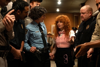 Ben Marshall, Gaby Hoffman and Natasha Lyonne stand together on Poker Face Season 2