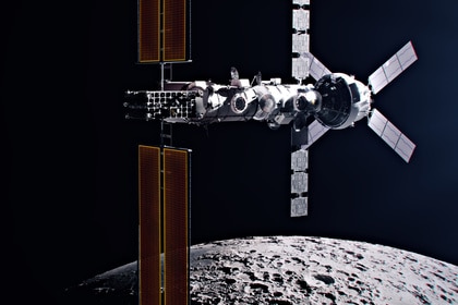 Artist rendering the Lunar I-Hab module delivery to Gateway on the Artemis IV mission.