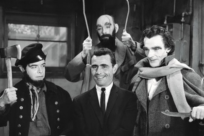 Rod Serling is surrounded by men dressedd as wax figures of famous serial killers on The Twilight Zone Episode 413.