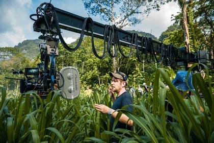 Director Gareth Edwards on set with a large camera rig for Jurassic World Rebirth (2025).