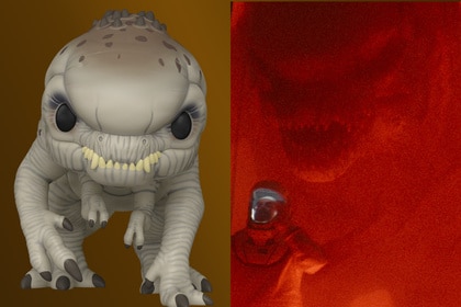 A split featuring the FUNKO Distortus Rex figurine and the Ditortus Rex in Jurassic World Rebirth (2025).