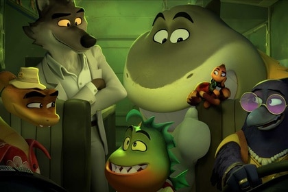 Mr. Snake, Mr. Wolf, Mr. Piranha, Mr. Shark, Ms. Tarantula, and Doom sitting together in The Bad Guys 2 (2025).