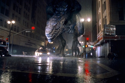 Godzilla terrorizes a city in Godzilla (1998).