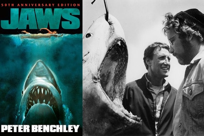 A split featuring the cover of Jaws by Peter Benchley and Roy Scheider and Richard Dreyfuss in Jaws (1975).