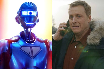 A split featuring Alan Tudyk as Superman Robot #4 in Superman (2025) and Harry Vanderspeigle in Resident Alien 302.