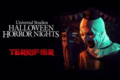 Art the Clown poses next to a logo for Halloween Horror Nights 2025's Terrifier haunted house