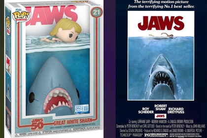 A split featuring a Jaws (1975) Funko Pop! and the Jaws (1975) poster.