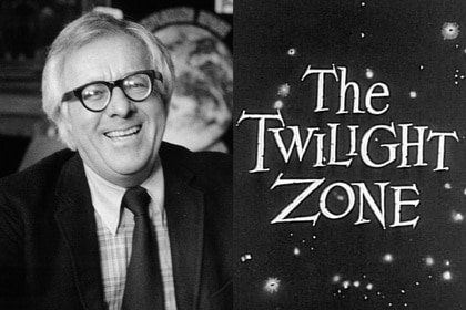 A split featuring Ray Bradbury and opening credits of The Twilight Zone.