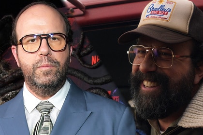 LEFT: Brett Gelman at red carpet premiere. RIGHT: Brett Gelman in season five of Stranger Things.
