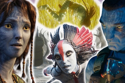 Multiple images from Avatar: Fire and Ash, including Kiri and Quaritch.