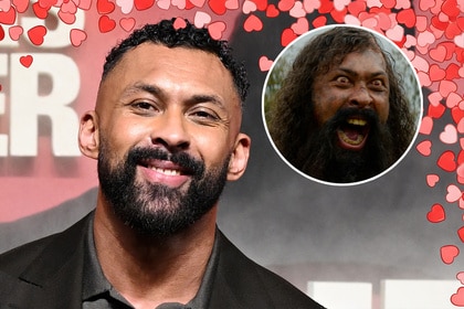 Chi Lewis-Parry on the red carpet, with a small image of his Samson character in 28 Years Later: The Bone Temple.