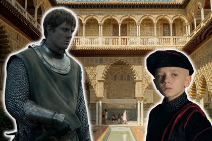 Duncan the Tall (Peter Claffey) and Aegon “Egg” Targaryen (Dexter Sol Ansell) from A Knight of the Seven Kingdoms, in the foreground of a filming location for Dorne on Game of Thrones.